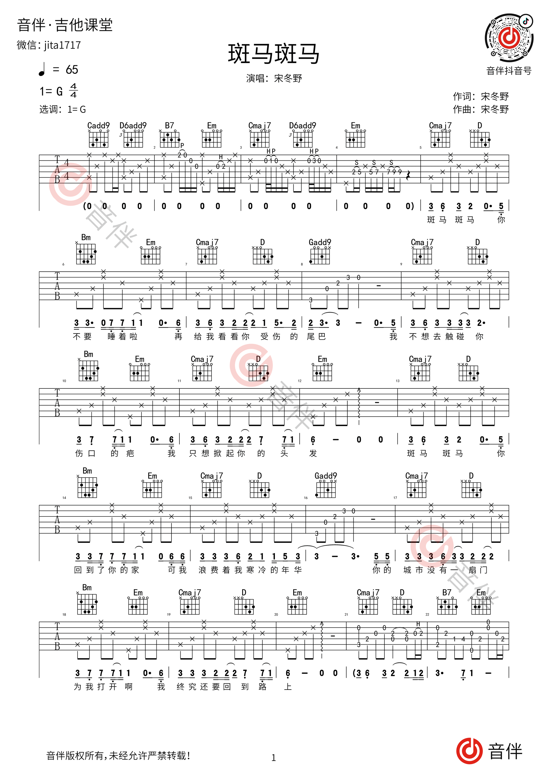 斑马斑马吉他谱原版G调弹唱 - 宋冬野 - 野性驰骋斑斓嘶鸣 | 吉他湾