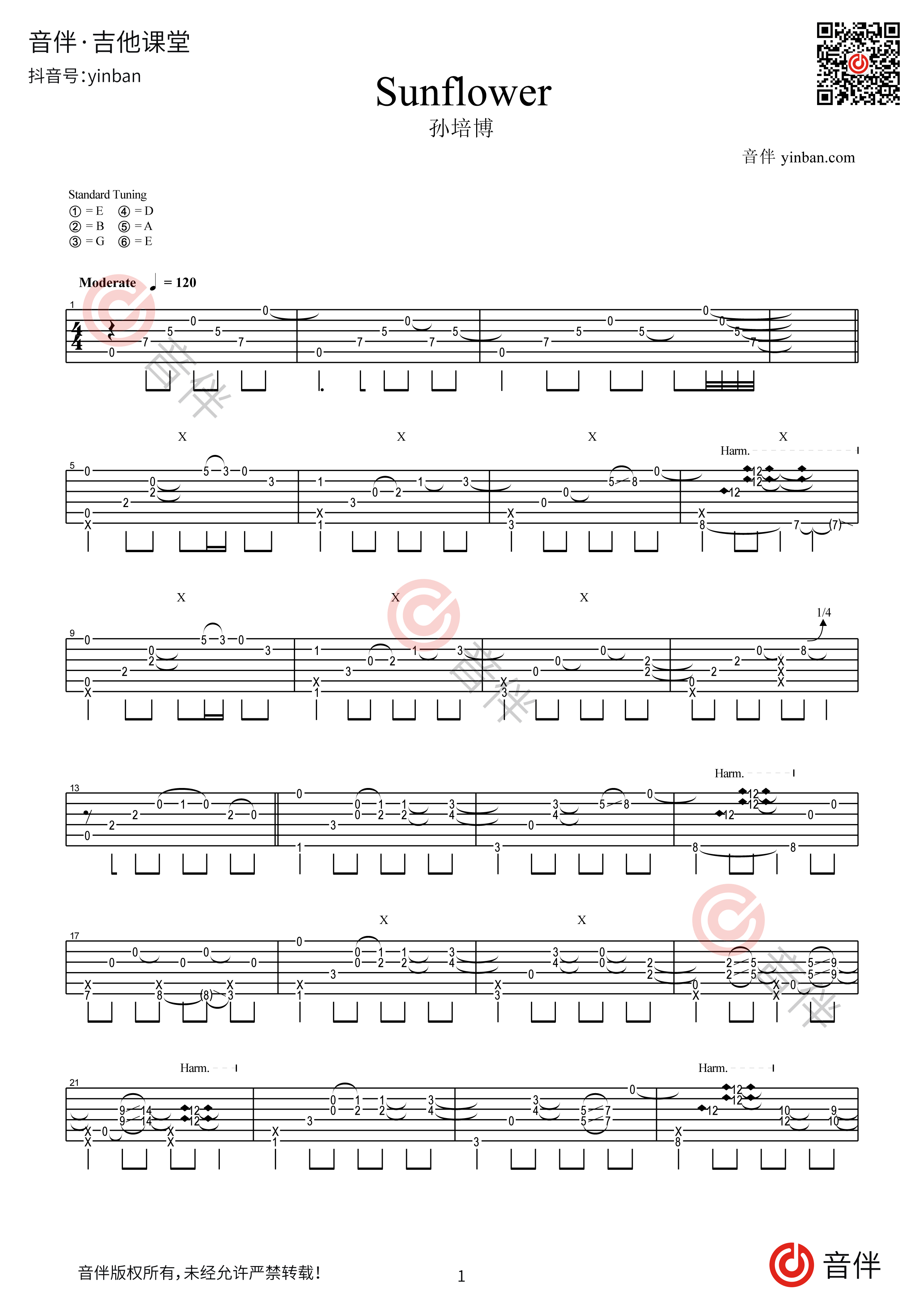 太阳花吉他谱_孙培博_C调指弹 - 吉他世界