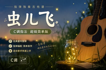 虫儿飞指弹独奏吉他谱 C调指法超级简单版【动态谱】